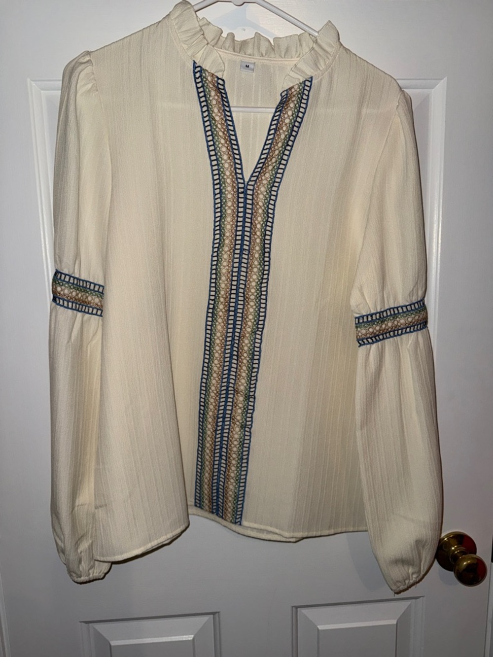 Cream Embroidered Boho Long-Sleeve Women's Blouse